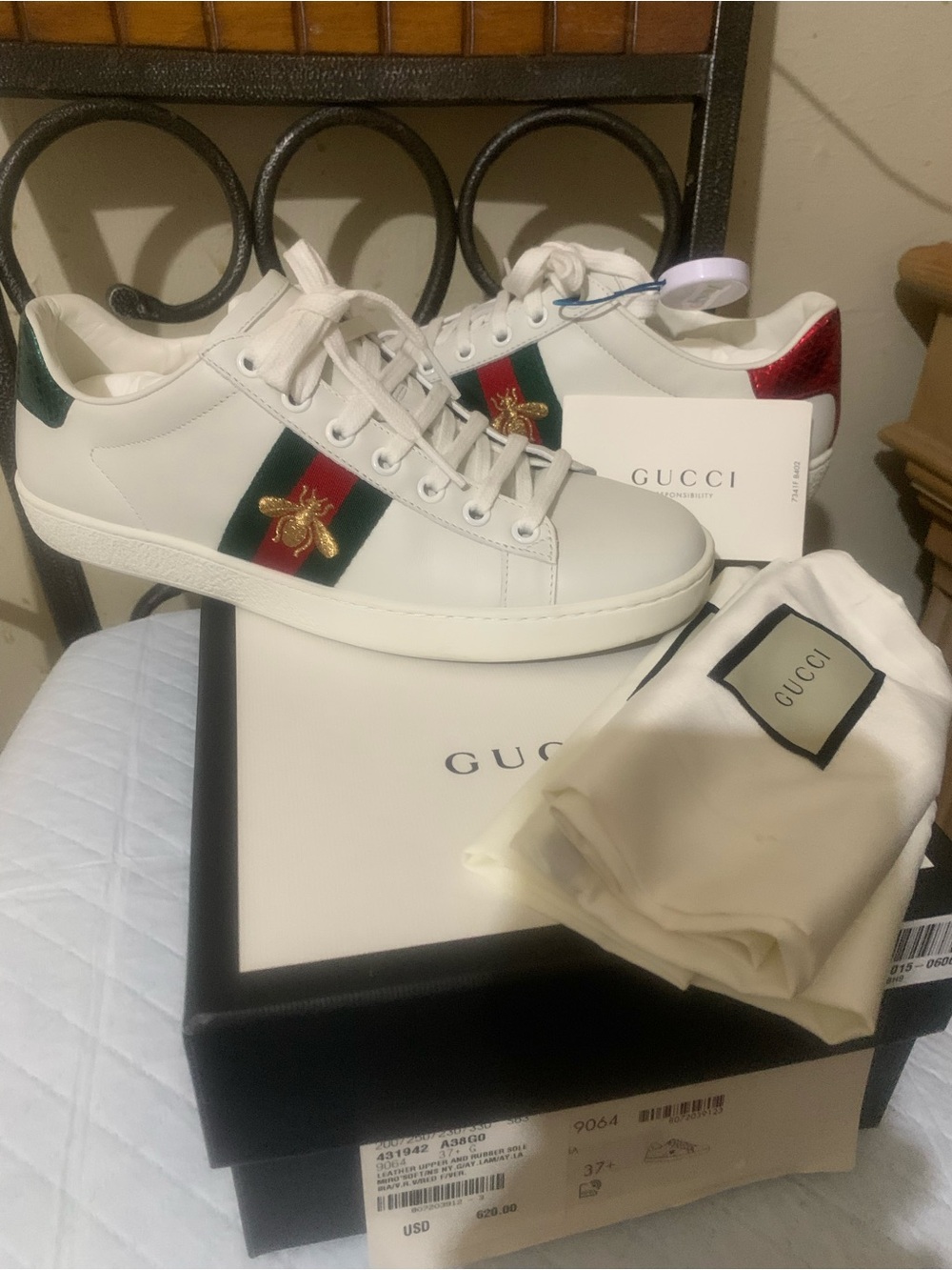 Gucci White Leather Sneakers with Red & Green and Gold Bee